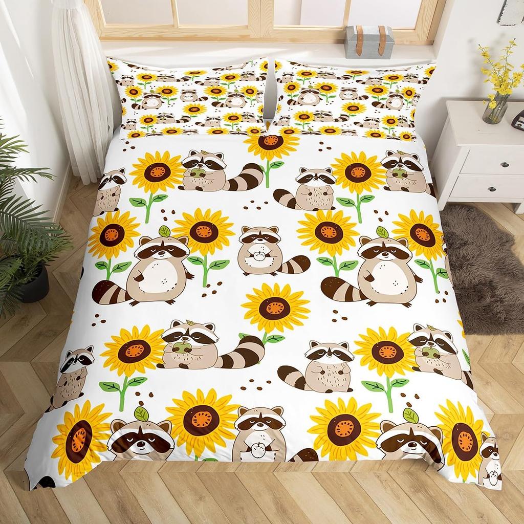 Waschbär Bettwäsche-Set für Jungen Kinder Mädchen Niedlicher Cartoon Wildtiere Bettbezug Liebevolle Tiere Bettdeckenbezug Polyester Steppdeckenbezug