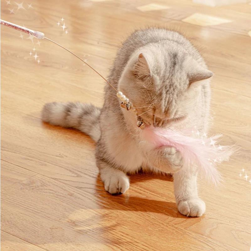 Simulation Feather Interactive Cat Toy Satin Ribbon Bell Cat Stick Toys Kitten Playing Teaser Wand Supplies Accessories
