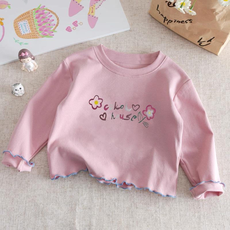 Girls Cotton Long Sleeve T Shirt Spring Autumn Ruffle Round Neck Casual Basic Top Kids Clothing