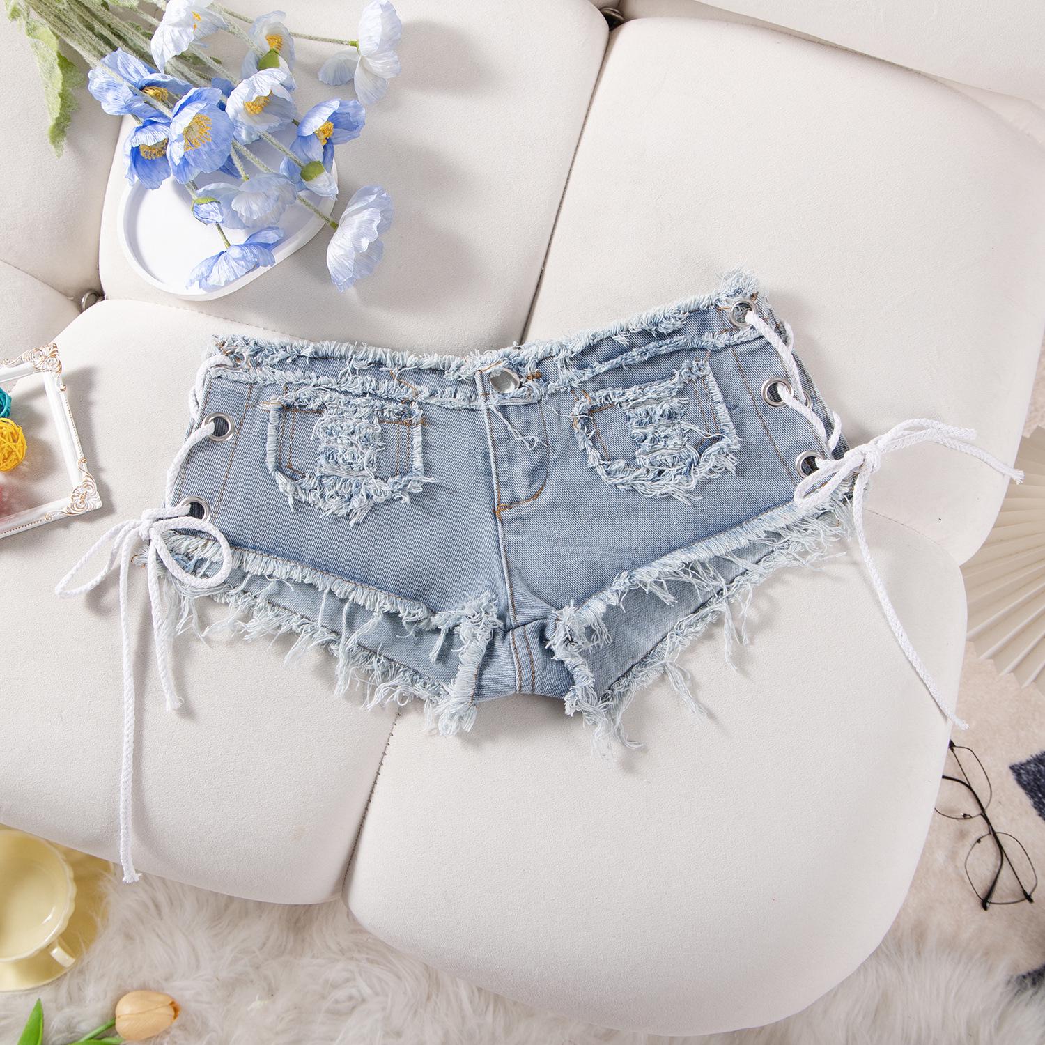 

European & American Sexy Low-Waist Distressed Lace-Up Hot Pants for Women - Spring/Summer M