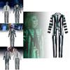 Snygg Beetlejuice Cosplay-dräkt med gröna, svarta och vita ränder Mjukt tyg