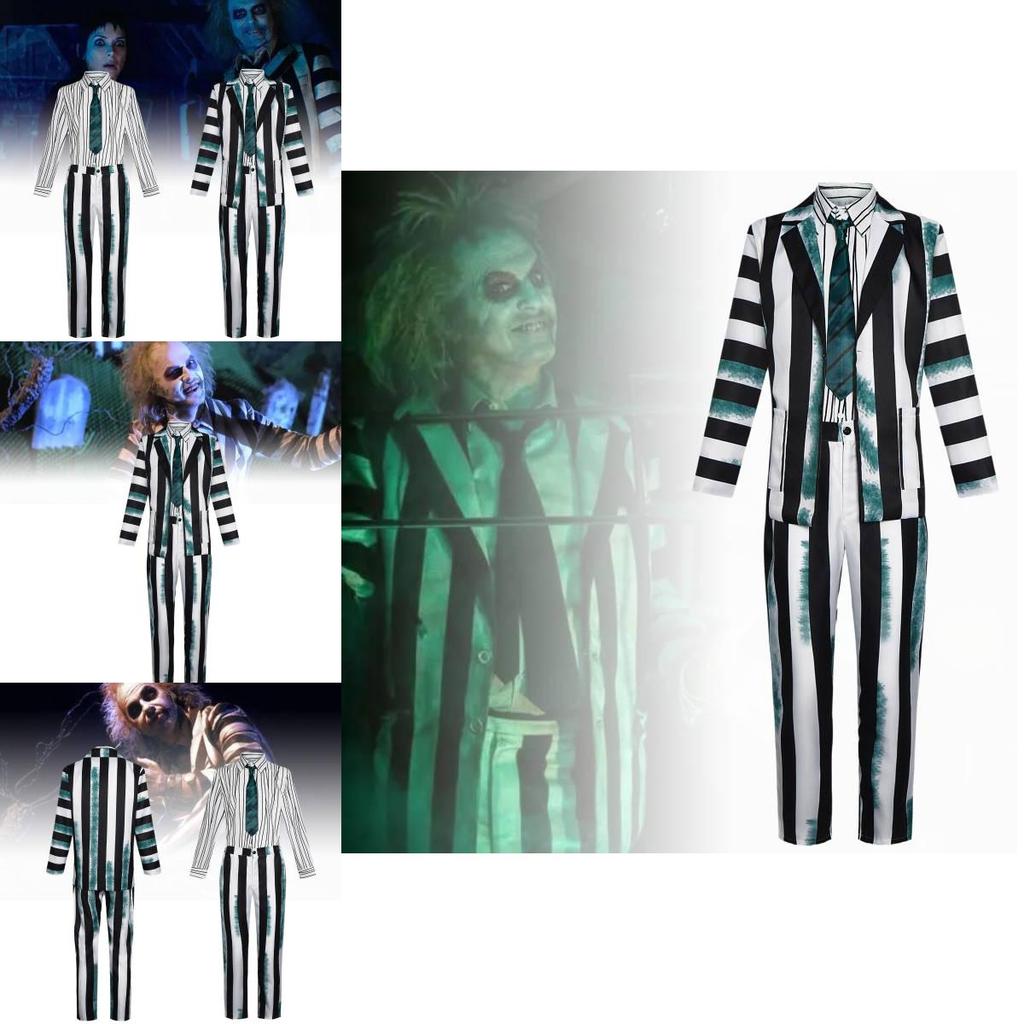 Snygg Beetlejuice Cosplay-dräkt med gröna, svarta och vita ränder Mjukt tyg