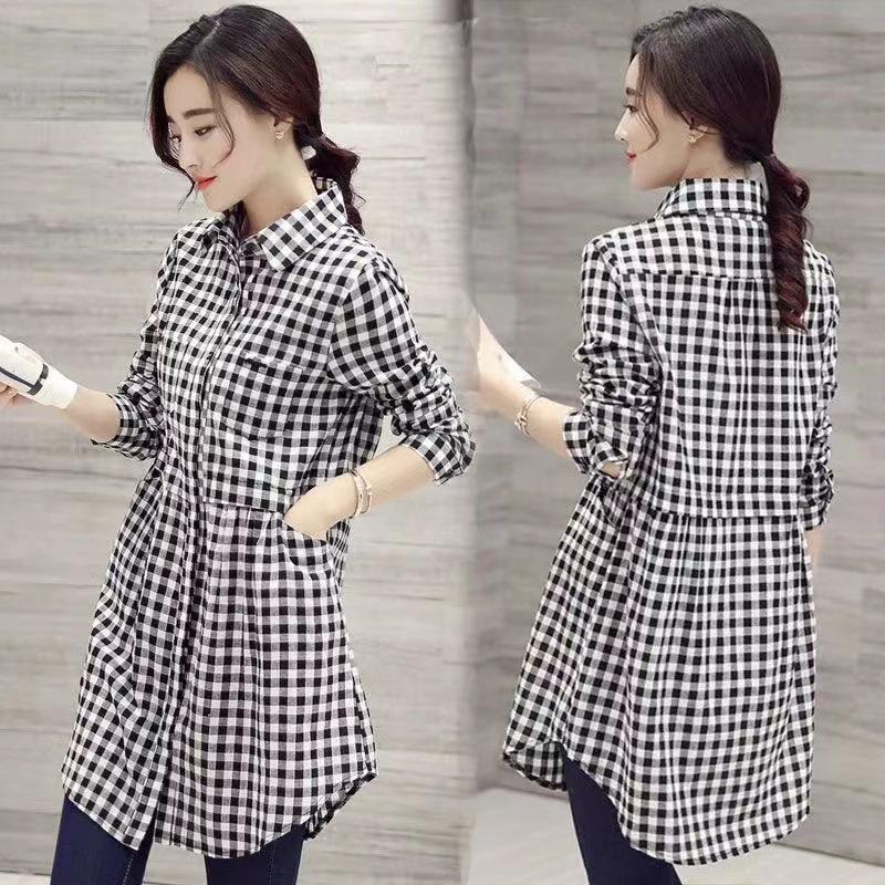 Women's Large Plaid Shirt: Versatile Korean Fashion, Mid-Length, Long-Sleeve for Spring/Summer 2025