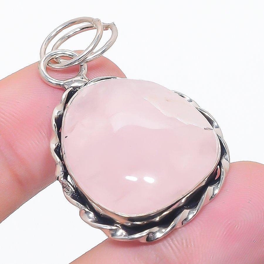 Rose Quartz Gemstone 925 Sterling Silver Jewelry Pendant 1.85"