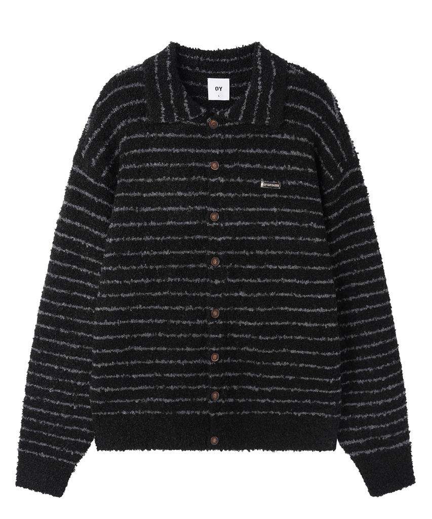 Openyard(Oy) Striped Boucle Collar Knit Cardigan - Black
