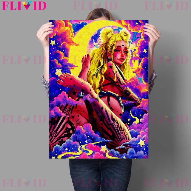 Cute and Terrifying Pink Girl Retro Wall Art Oil Painting Red Peach Girl, Zombie Laurie, Gothic Moon Girl Art Poster