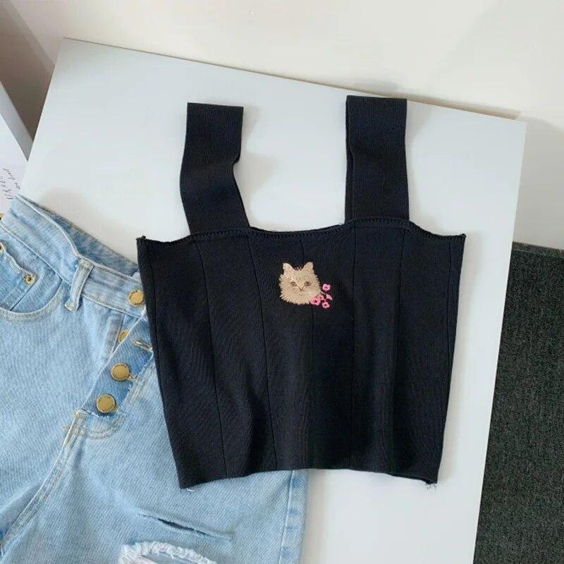 

Вязаный жилет с вышивкой кота, женский топ на бретельках, универсальная тонкая основа One Size