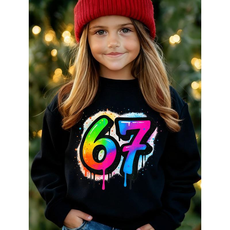 Unisex Kids Black Crewneck Sweatshirt For 4-12 Boys Girls Rainbow Graffiti Drip Splatter Number 67 Print Soft Fleece Long Sleeve Pullover