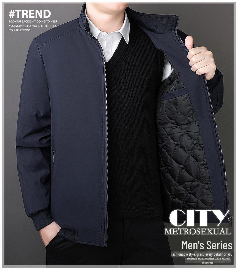 Men's Executive Stand-Up Collar High-End Coat - Autumn/Winter, Casual Loose Fit, Plus Velvet, Middle-Aged Style