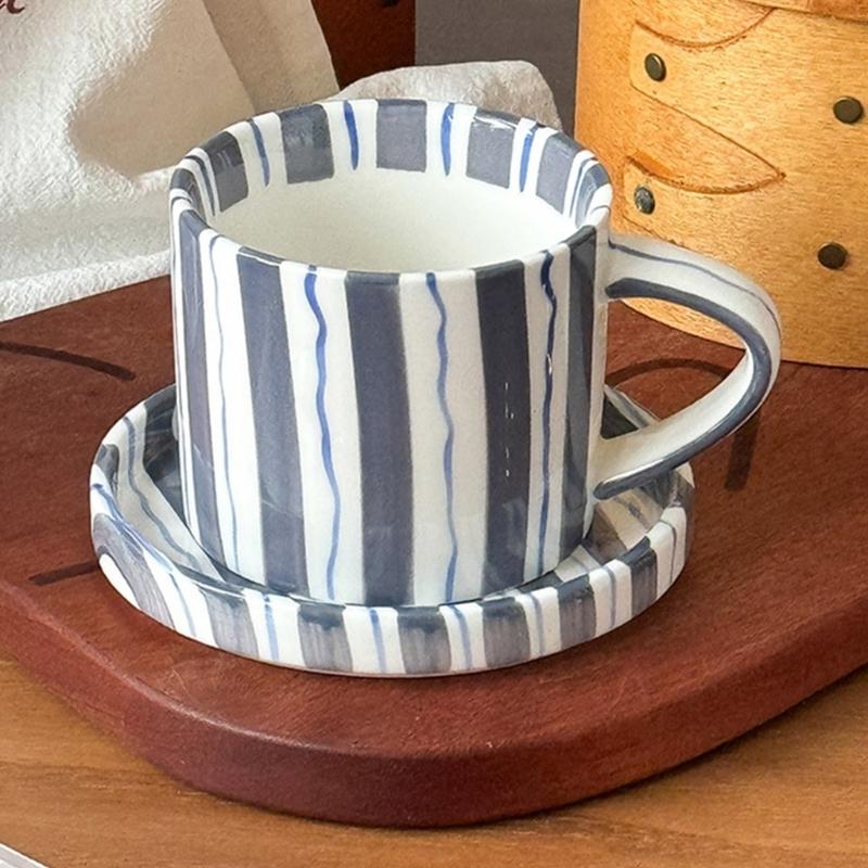 Cup Coffee Striped And Ceramic Saucer Set 5inch Elegant Pattern For Daily Beverages Ergonomic Grip Designs