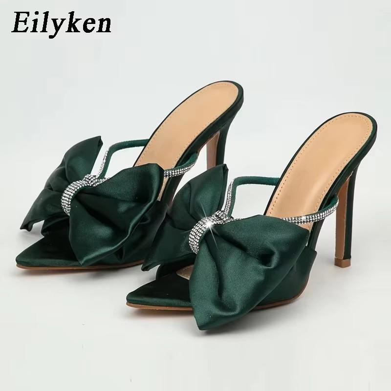 Fashion Eilyken Silk CRYSTAL Butterfly-knot Mule High Heels Slippers Sandals Pointed Toe Strappy Slides Party Women Shoes