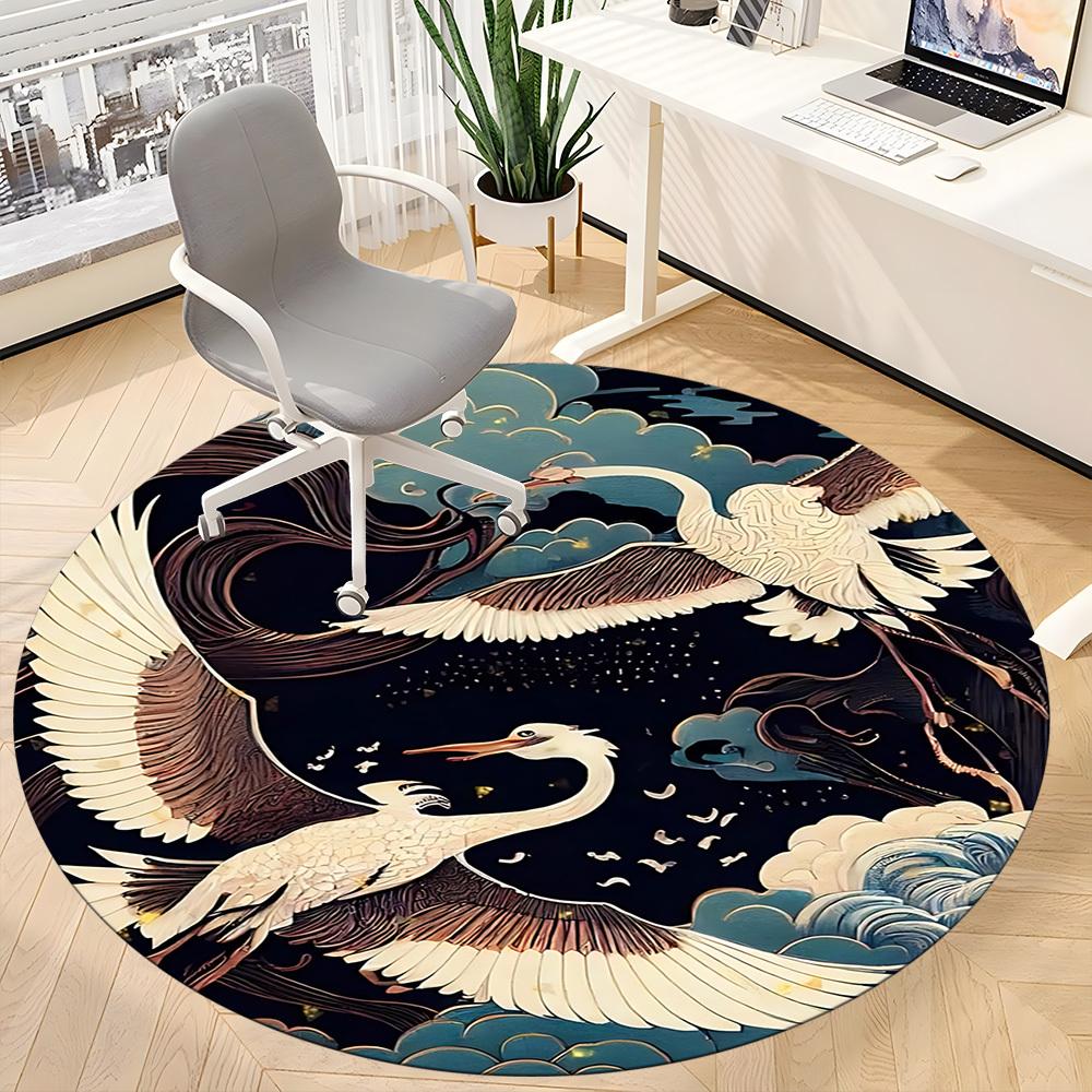 1pc Cranes Night Sky Office Round Area Rug, Under Office Chairs Bedroom Living Room Home Decor, Room Deco