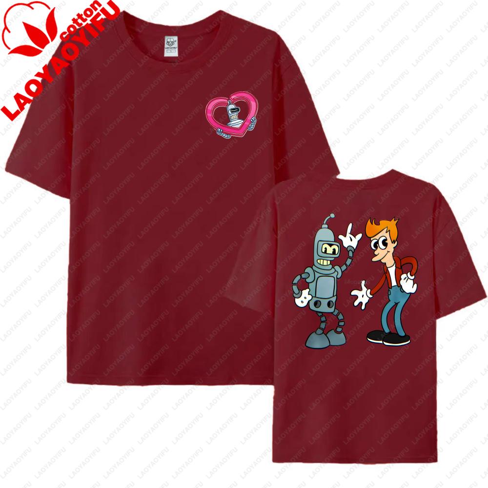 Funny Futurama Tees Robot and Boy Cartoon Design Unisex Cotton TShirt Casual Summer Wear Trendy Graphic Tee for Unisex Women