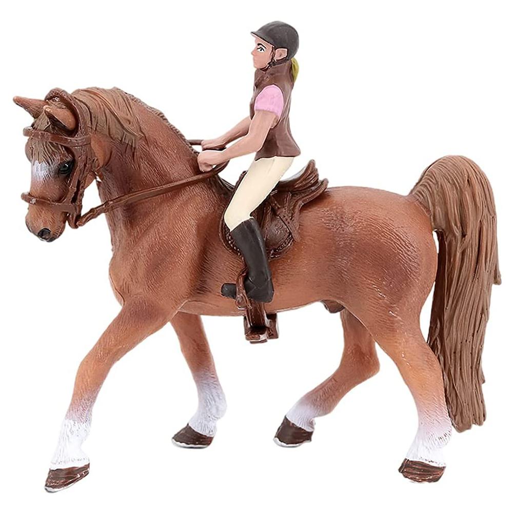 Miniature Simulation Brown Horse with Horsewoman Figurine and Saddle Animal Figure Collection Model Toys for Kids