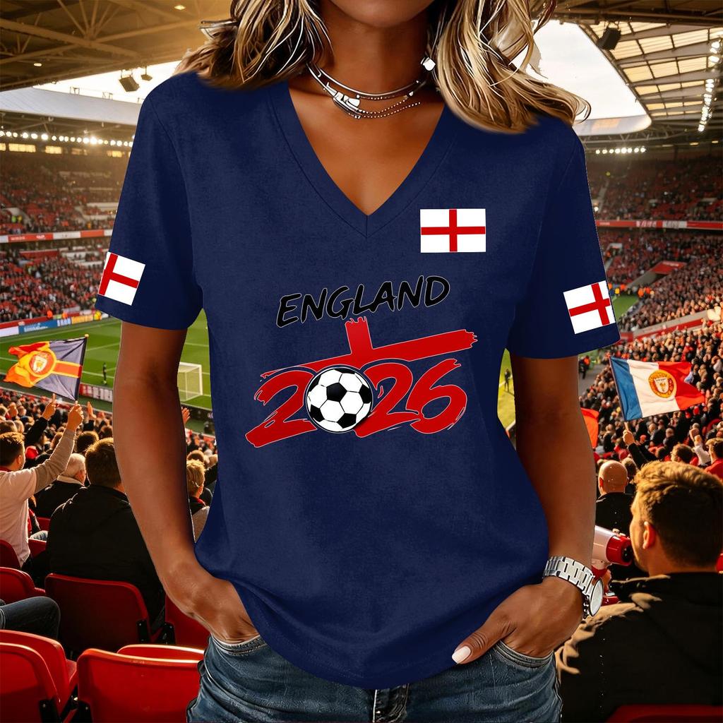 Women's Casual V Neck Short Sleeve Pullover Top Football Flag Print Support Tee Shirt for Sports Events