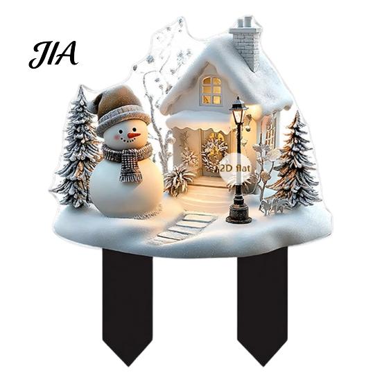 Durable Acrylic Yard Signs Santa Claus Garden Stake, Christmas Snowman Sign, 2D Decorations Flat Snowy Cottage Ornament for Lawn Pathway Holiday