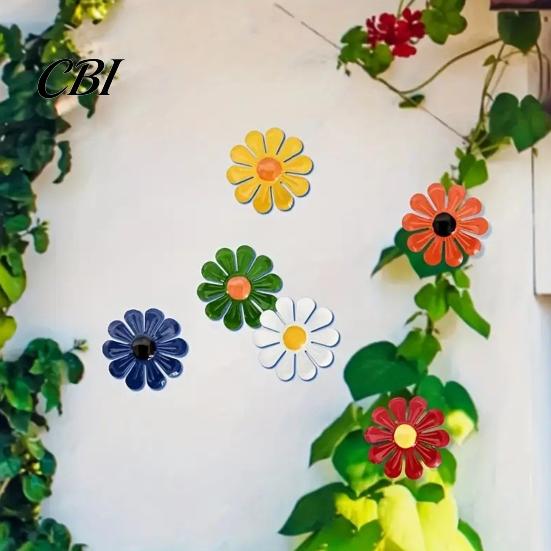 Outdoor Metal Flower Decor 6Pcs Flowers Wall Decor, Sunflower Ornament Art, Waterproof Art Hanging Decoration Garden for Outside Indoor Patio,