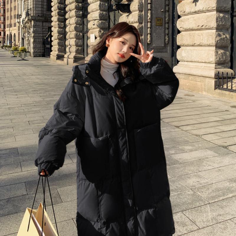 Einfarbige Damenjacke Extra Lang 2024 Herbst und Winter Neu Trendige Kapuzenjacke Verdickt Locker Lässig