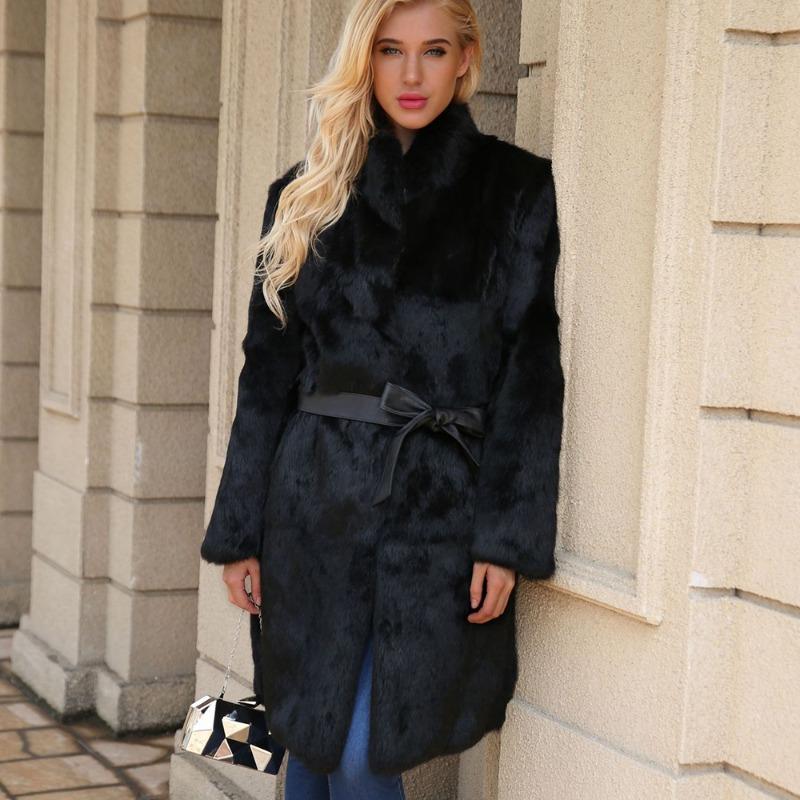 

00 Пальто-жакет из длинного кроличьего меха, пояс, имитация меха, плюшевое пальто, легкая роскошь, универсальный рекс-кролик M чёрный