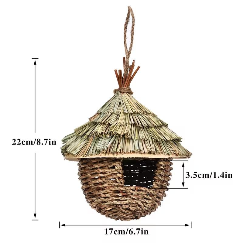 Handwoven Straw Birdhouse - Terrace Natural Nest Box with Straw Roof, Durable Indoor/Outdoor Birdcage, Suitable for Bird Lovers