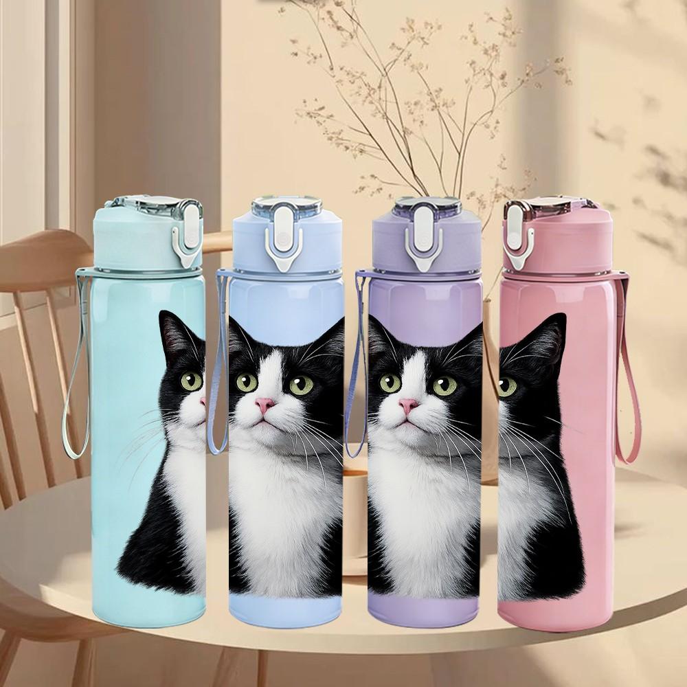 1PC Short Hair Black White Cat Print 750ml Color Plastic Sports Water Bottle Leakproof Flip Straw Lid Suitable for Sports Office Home Use