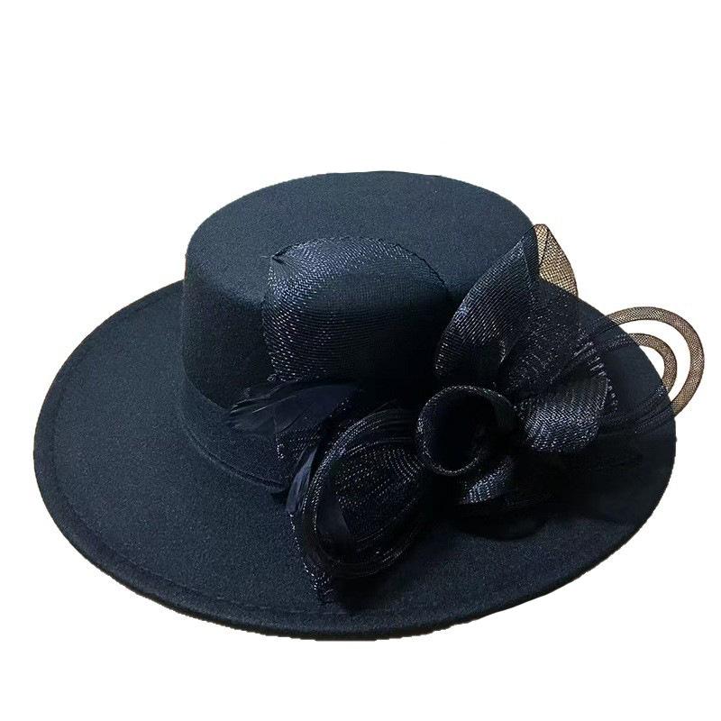 Autumn and winter fashion versatile elegant woolen top hat female British mesh flower top hat female face versatile
