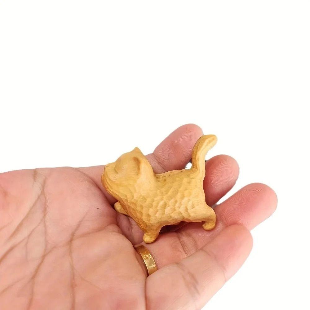 Hand-carved Wooden Cat Statue Tiny Animal Figurine Desk Decoration Cat Sculpture  Kids Gifts