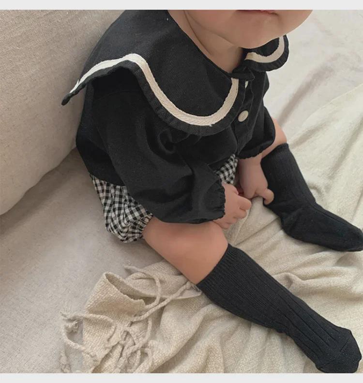 2024 Autumn Korean Navy Plaid Top & Shorts Set for Boys and Girls