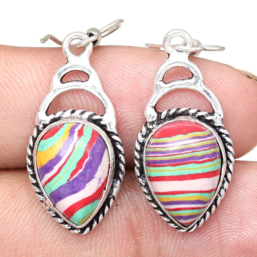Rainbow Calsilica Gemstone Gift For Her Silver Jewelry Earrings 1.75"