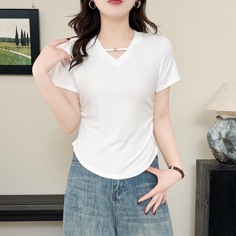 Women V Neck Short Sleeve Tee With Neck Bar Detail Side Ruched Curved Hem Casual Top