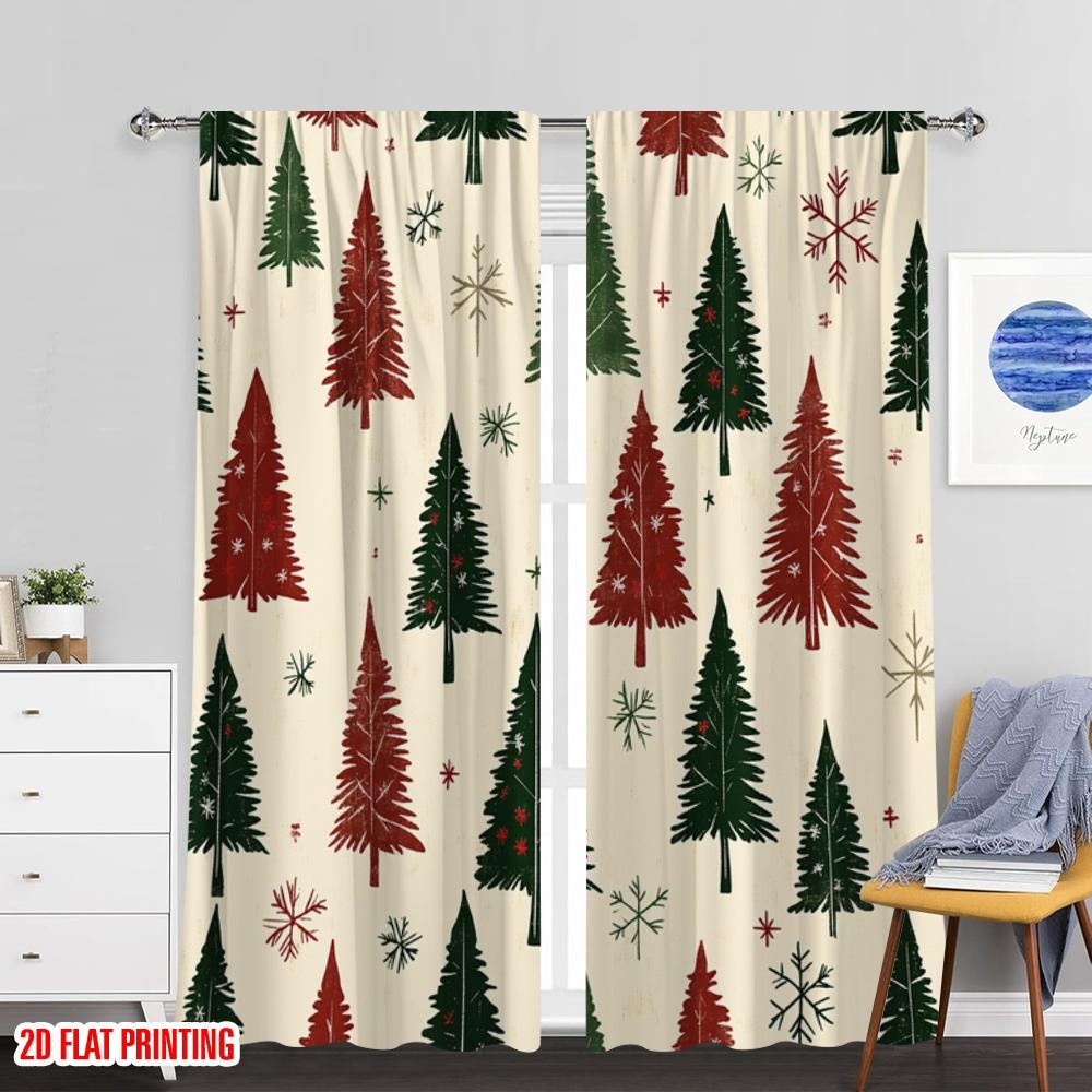 2pcs,2D plane printing Curtain Popular Christmas Trees Snowflakes Holiday (3) Durable 100% Polyester Fabric (without rod)