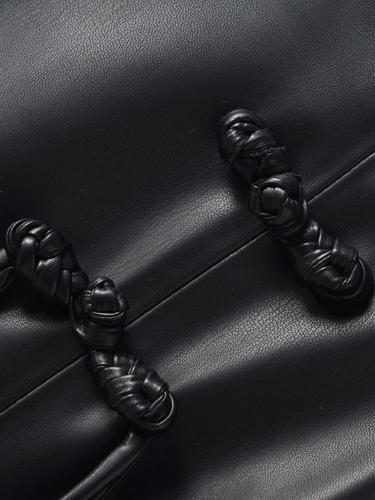 Women's Retro High-Waist Leather Pencil Skirt with Frog Buttons