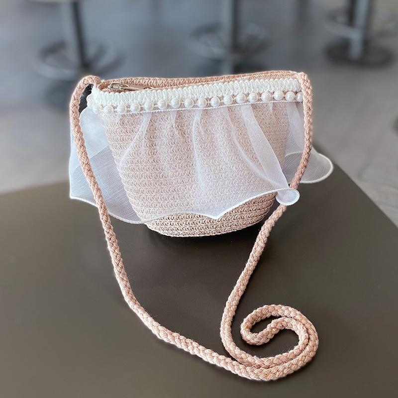 Pearl Mesh Girls' Summer Straw Hat Set - Parent-Child Style, Large Brim, Sun Protection