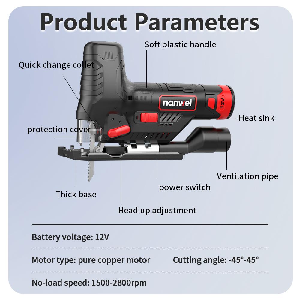 NANWEI 12 V /Jig Saw /Mini /6-speed setting /1500-2800 rpm /Charging interface Tpye-C