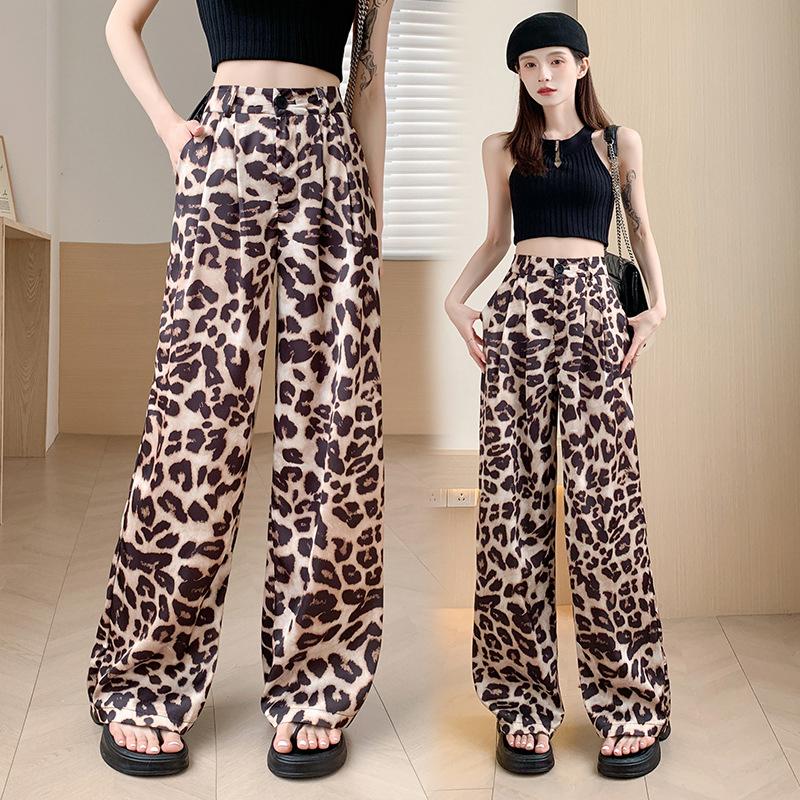 Leopard Print Wide Leg Pants Women Summer High Waist Slimming Straight Leg Casual Floor Pant