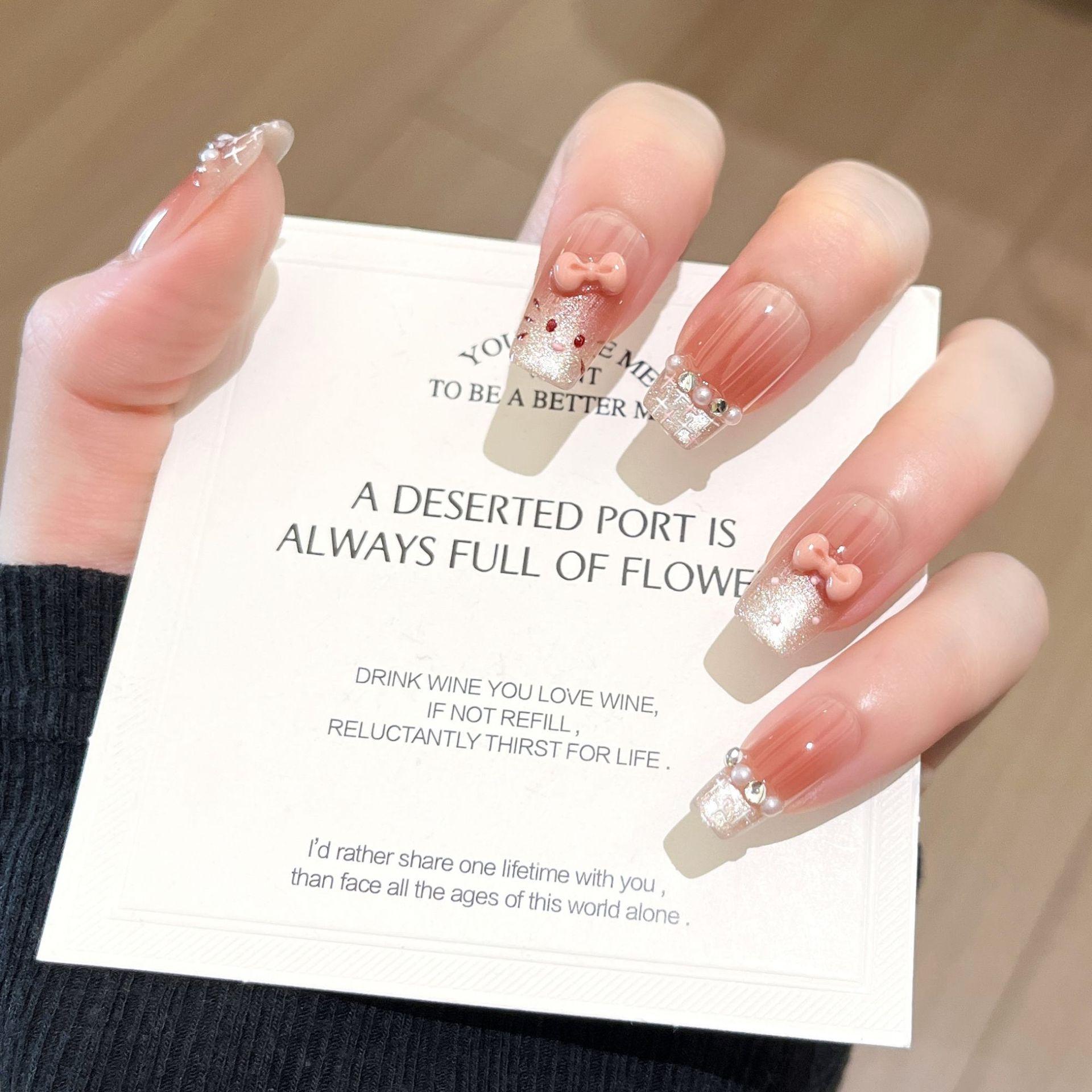 Cute KT Wear Nail Art Student Nail Art Medium and Long Cute Cartoon Cat French White Nail Patch bag xs