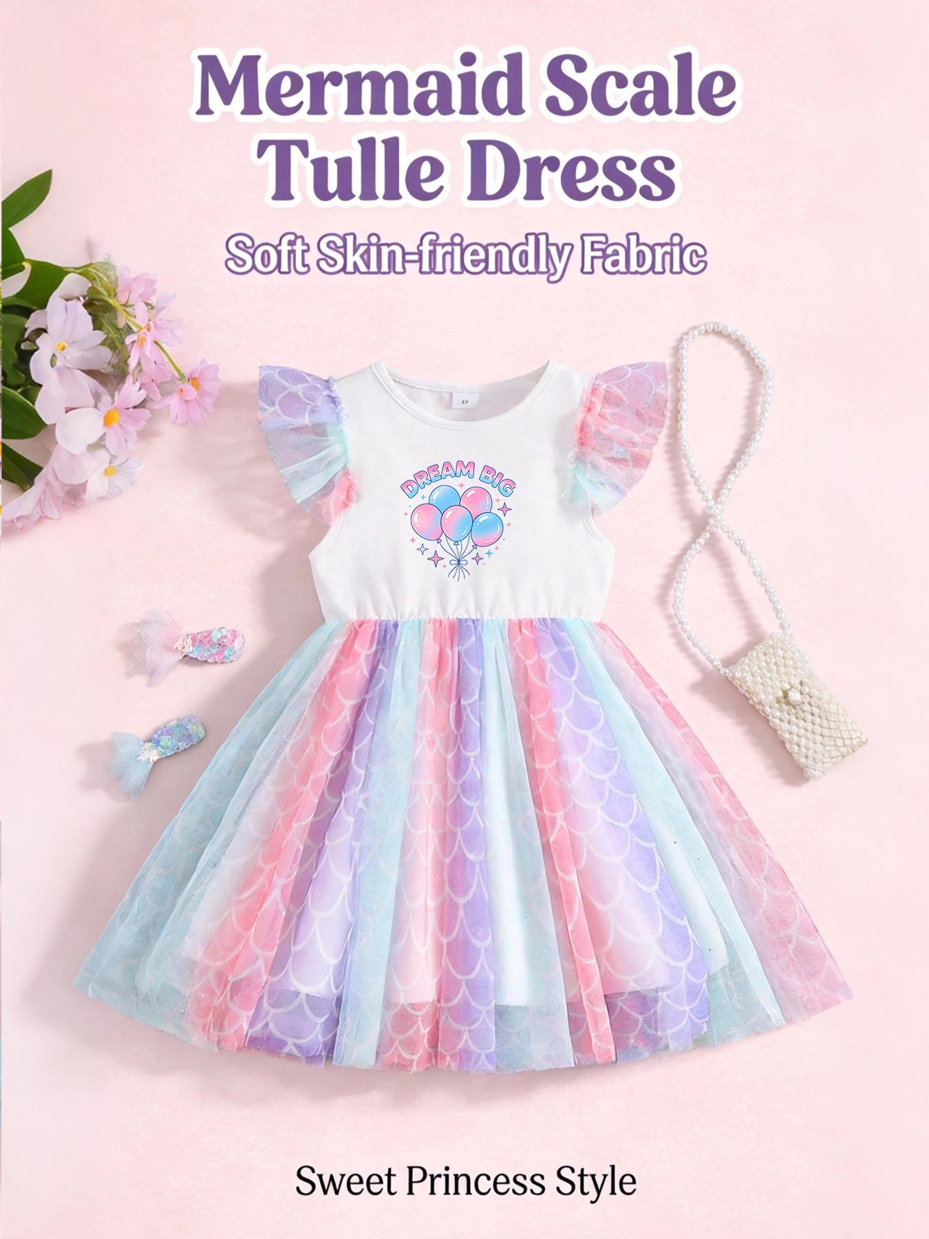 Everyday Wear Girls Mesh Casual Dress, Dream Big Balloon Printed Flutter Sleeve Gradient Scale Princess Dress 4Y разноцветный