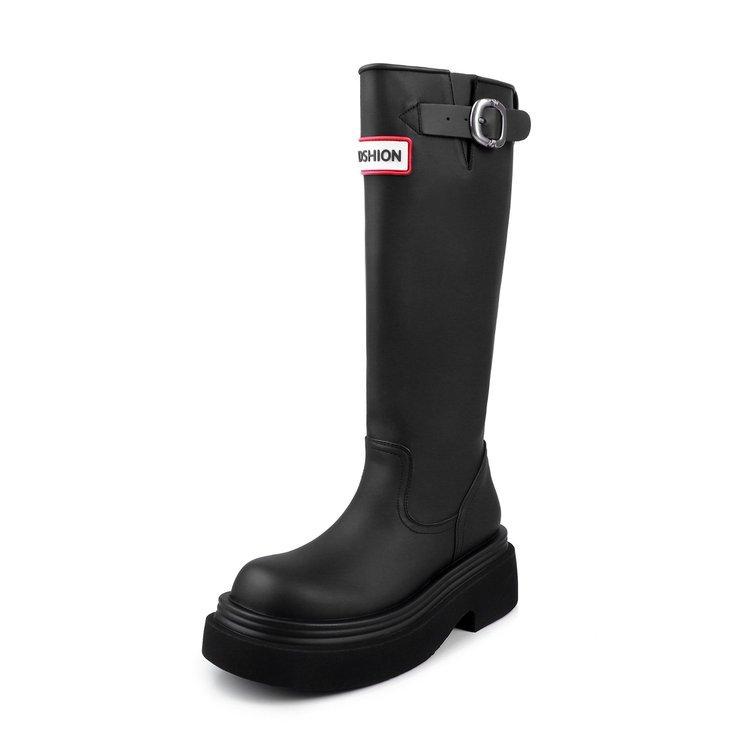 Soft leather version~ Red rain boots women's autumn round head thick-soled high knight boots but knee boots