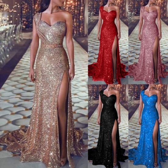Club Party Women Sexy Plus Size Sequined One Shoulder Split Maxi Evening Dress