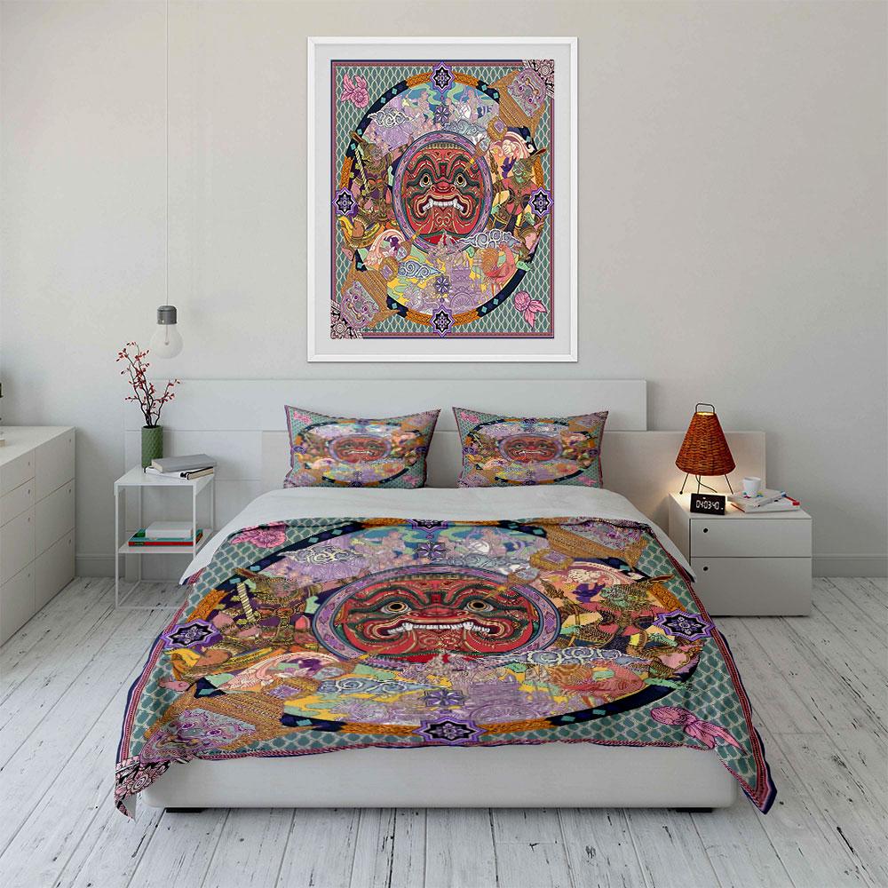 3Pcs Thai Yaksha Mask Bedding Set, Traditional Khon Mask Print Duvet Cover + 2 Pillowcases, Cultural Ethnic Decor