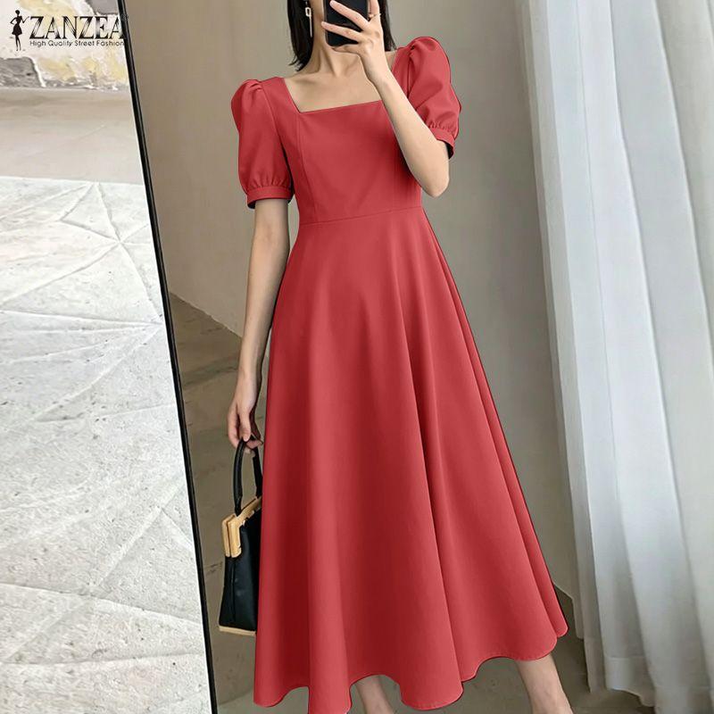 ZANZEA Abito Casual Elegante da Donna con Scollo Quadrato e Maniche Corte