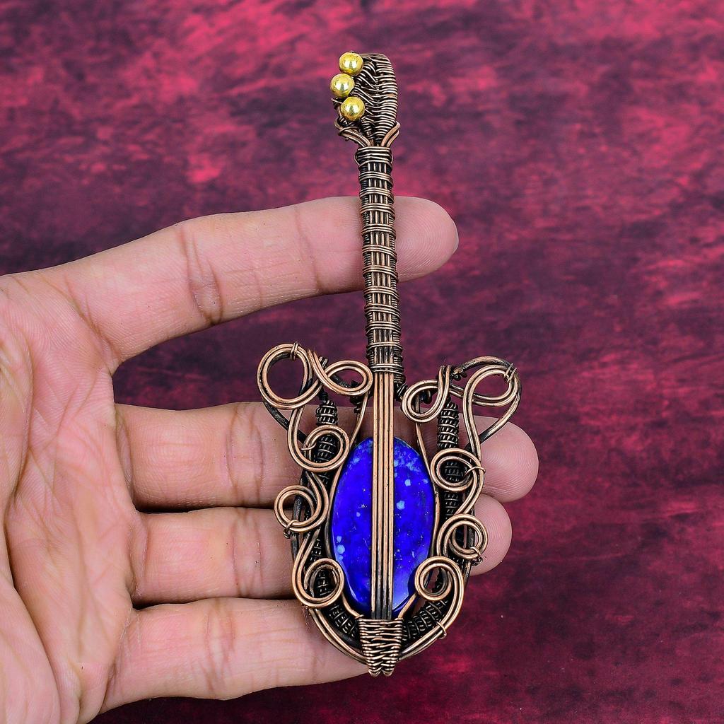 Lapis Lazuli Gemstone Pendant Copper Wire Wrapped Guitar Pendant Handmade Jewelry