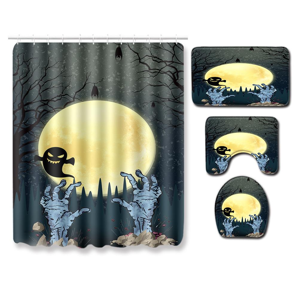 Halloween Shower Curtain Floor Mat Combination Four-Piece Set Bathroom Toilet Carpet Shower Room Foot Mat