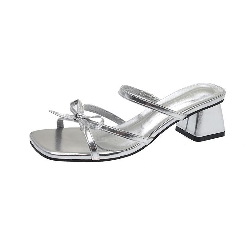 Fairy wind sandals outer wear female 2025 sweet and cold feeling bow thick heel sandals female silver sandals with skirt