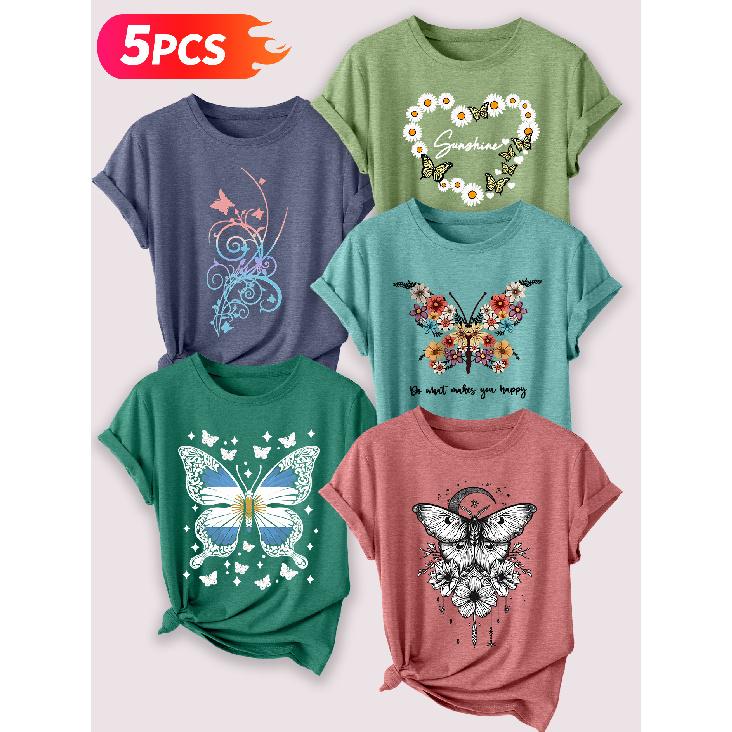 Go for a specific forest-themed, fresh floral and butterfly artistic aesthetic print Five-piece set of women's short-sleeve tops Elegant summer