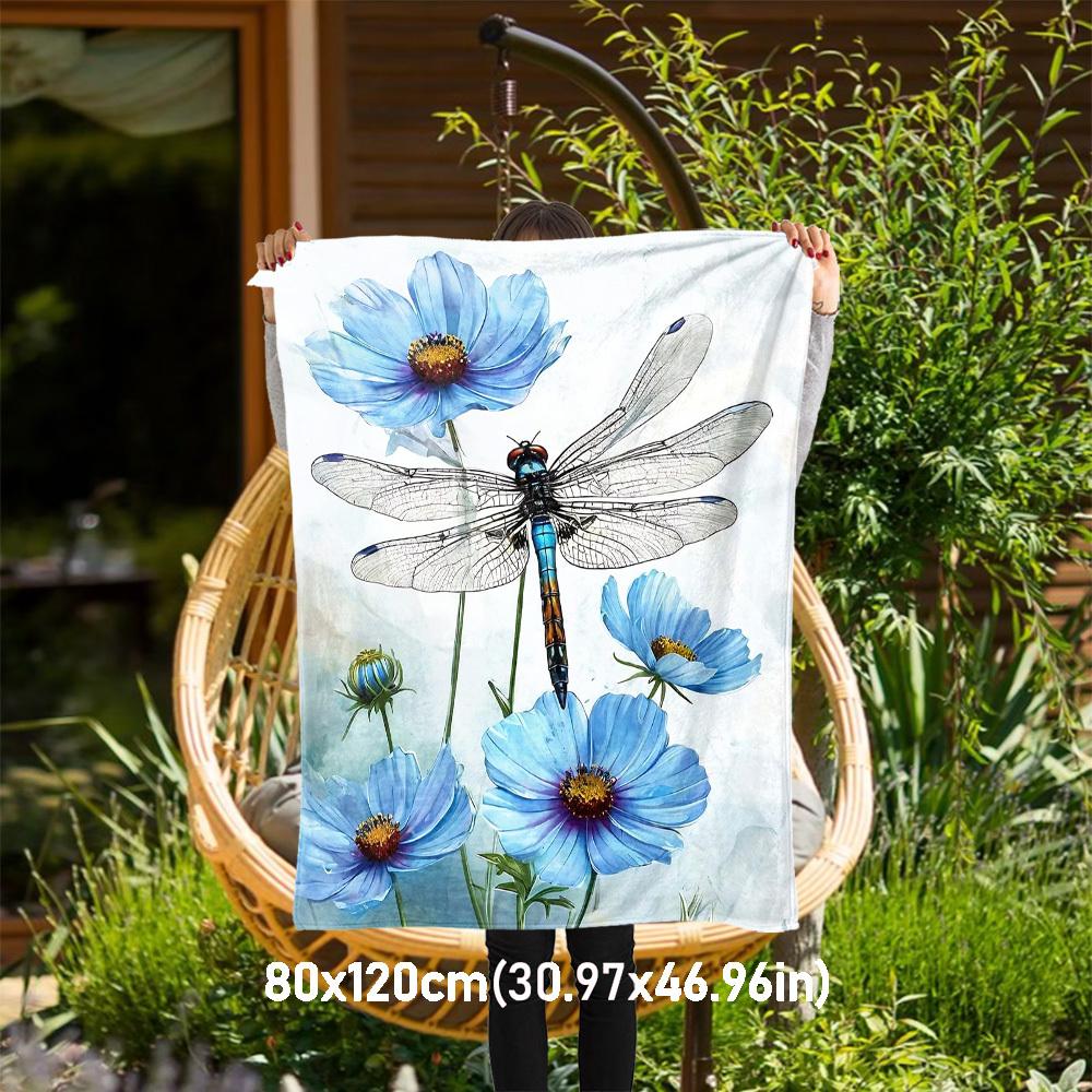 1PC Dragonfly FlowersOutdoor Flannel Blanket - Soft Plush Decor for Picnics, camping, Bedroom, Playroom, Office, or Lunch Break 1224A