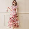 Women's Summer 2026 Chiffon Floral Print Dress with Waist-Cinched Design - French Style Mid-Length Fairy Dress