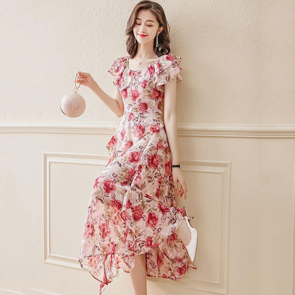 Women's Summer 2026 Chiffon Floral Print Dress with Waist-Cinched Design - French Style Mid-Length Fairy Dress