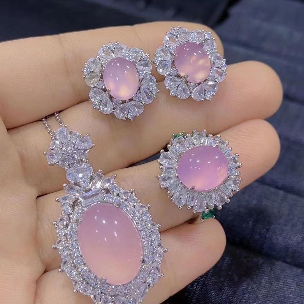 Natural High Ice Chalcedony Three-Piece Set White Ice Chalcedony Pigeon Egg Pendant Ring Earrings Jade Jewelry Gift Set