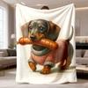 2026 New Arrival Flannel Blanket 1pc Soft & Warm Dachshund Dog Print Flannel Blanket Cute Dachshund Puppy with Sausage & Pink Sweater Design, AllSeaso